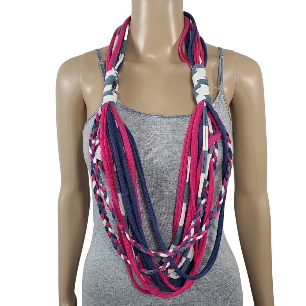 Banded pink and blue braid womens infinity scarf